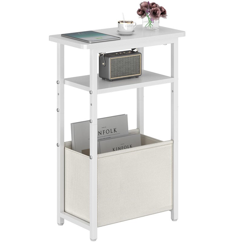 sthmec Narrow Side Table, Skinny End Tables with Fabric Basket, Small Side Tables for Small Space, 2-Tier Open Shelves with Basket, Slim Nightstands for Bedroom,Living Room,Office, White - Image 1