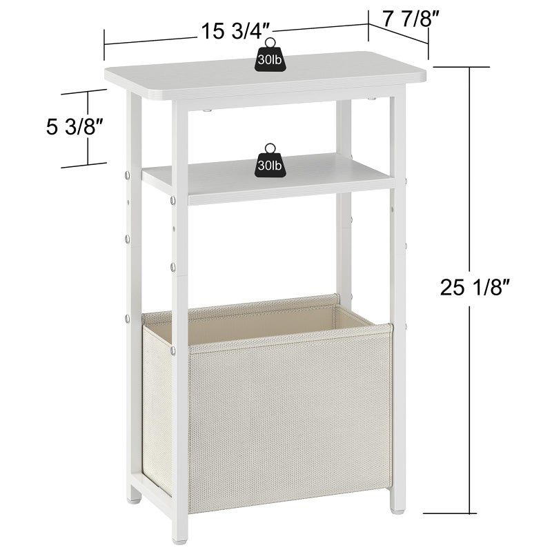 sthmec Narrow Side Table, Skinny End Tables with Fabric Basket, Small Side Tables for Small Space, 2-Tier Open Shelves with Basket, Slim Nightstands for Bedroom,Living Room,Office, White - Image 3