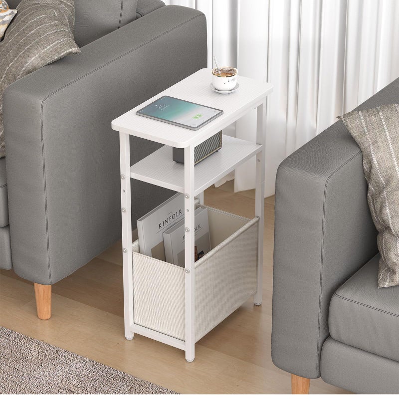 sthmec Narrow Side Table, Skinny End Tables with Fabric Basket, Small Side Tables for Small Space, 2-Tier Open Shelves with Basket, Slim Nightstands for Bedroom,Living Room,Office, White - Image 2