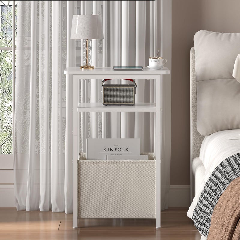 sthmec Narrow Side Table, Skinny End Tables with Fabric Basket, Small Side Tables for Small Space, 2-Tier Open Shelves with Basket, Slim Nightstands for Bedroom,Living Room,Office, White - Image 5