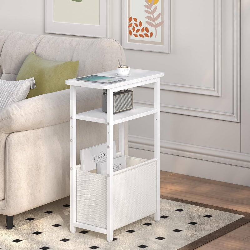 sthmec Narrow Side Table, Skinny End Tables with Fabric Basket, Small Side Tables for Small Space, 2-Tier Open Shelves with Basket, Slim Nightstands for Bedroom,Living Room,Office, White - Image 4
