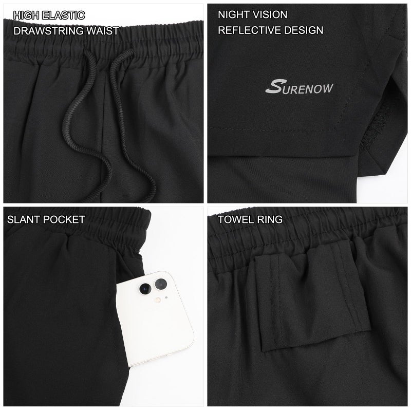 Surenow Mens 2 in 1 Running Shorts Quick Dry Athletic Shorts with Liner, Workout Shorts with Zip Pockets and Towel Loop Black - Image 4
