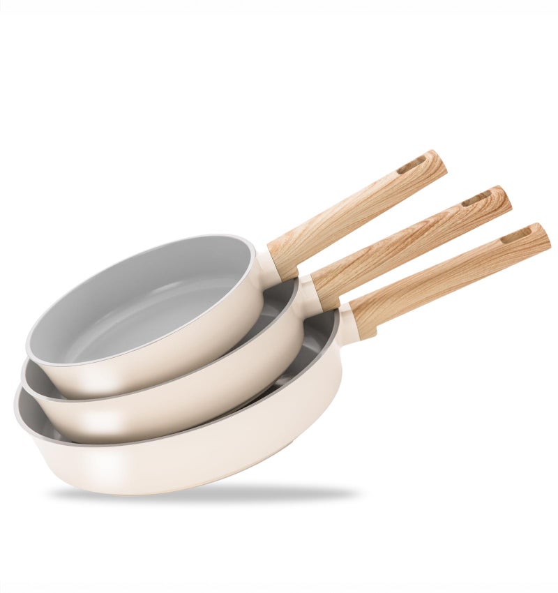 KOCH SYSTEME CS Non Stick Frying Pans Set 3 Piece, Nonstick Ceramic Frying Pans Heat-Resistant Handle, 8" 9.5" 11" Non Toxic Cooking Pan Set, Induction Compatible Skillet, Dishwasher Safe, Cream White - Image 1
