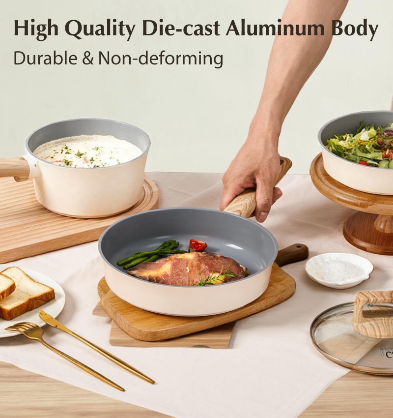 KOCH SYSTEME CS Non Stick Frying Pans Set 3 Piece, Nonstick Ceramic Frying Pans Heat-Resistant Handle, 8" 9.5" 11" Non Toxic Cooking Pan Set, Induction Compatible Skillet, Dishwasher Safe, Cream White - Image 3