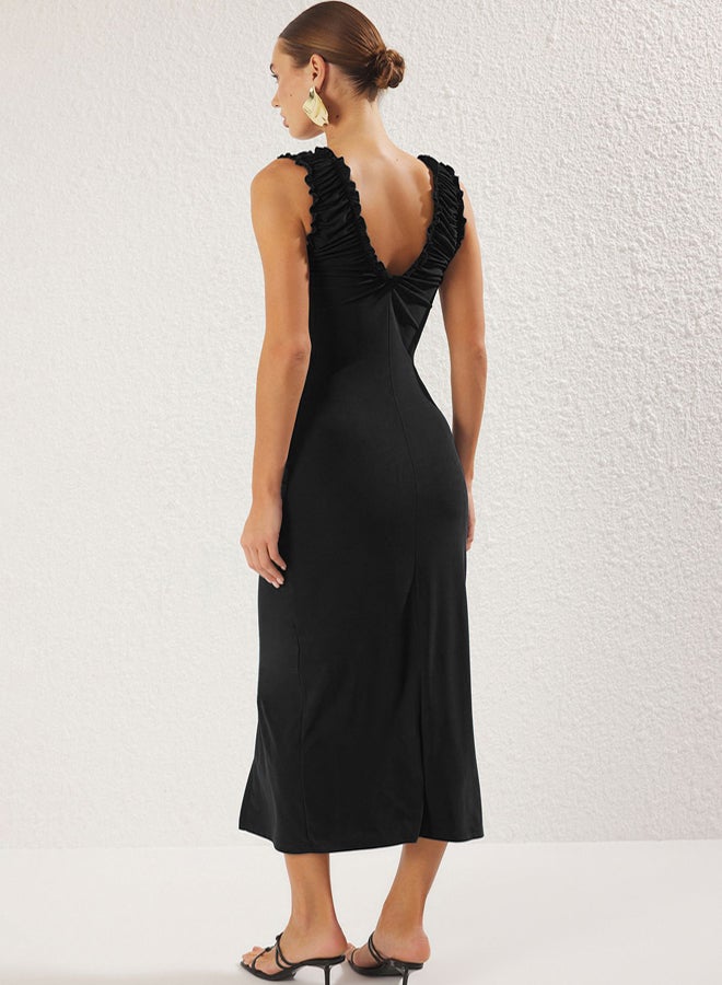 trendyol Black Ruffled V-Neck Smocked Bodysuit Stretchy Maxi Knitted Dress - Image 4