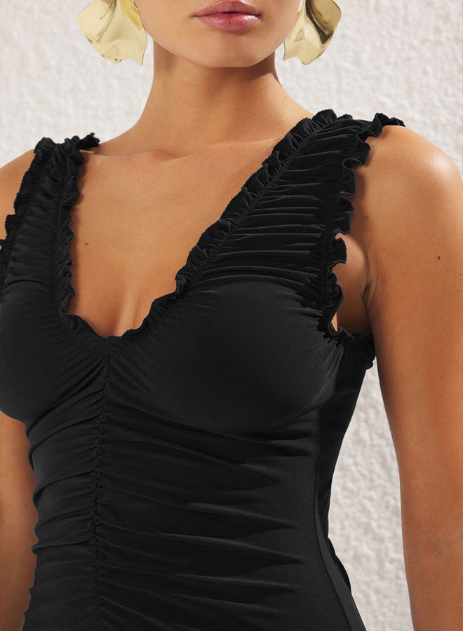 trendyol Black Ruffled V-Neck Smocked Bodysuit Stretchy Maxi Knitted Dress - Image 3