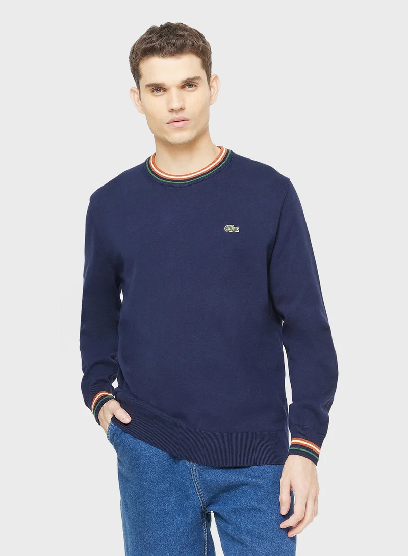 لاكوست Stripe Accent Crew Neck Sweater