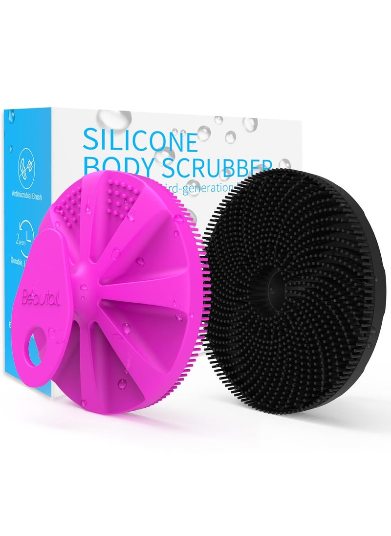 BEAUTAIL - Silicone Body Scrubber 2 Pack, Gentle Bristles Shower Bath Brush, Lather Nicely, Soft Massage Body, More Hygienic Than Loofah, Gentle Exfoliating for Sensitive Skin, Purple+Black - Image 1