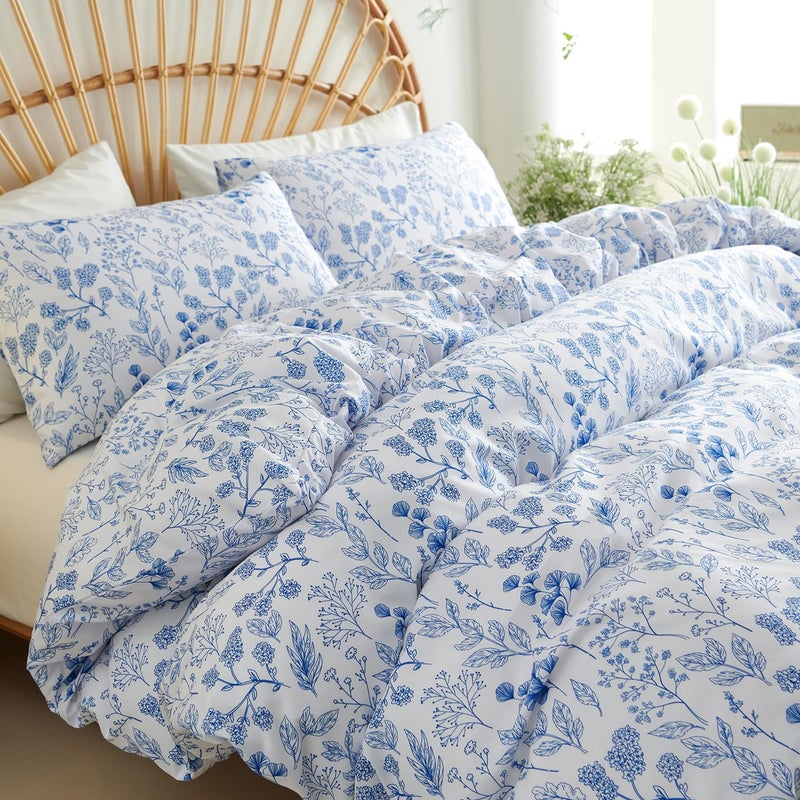 Nayoroom Blue Floral Duvet Cover Queen Size Cottagecore Botanical Flower Spring Comforter Cover 3 Pcs Soft Breathable Microfiber Pastoral Aesthetic Bedding Set Gift for Women - Image 1
