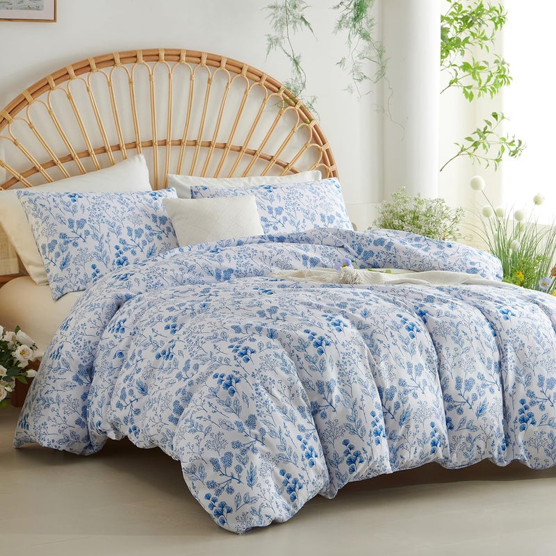 Nayoroom Blue Floral Duvet Cover Queen Size Cottagecore Botanical Flower Spring Comforter Cover 3 Pcs Soft Breathable Microfiber Pastoral Aesthetic Bedding Set Gift for Women - Image 3