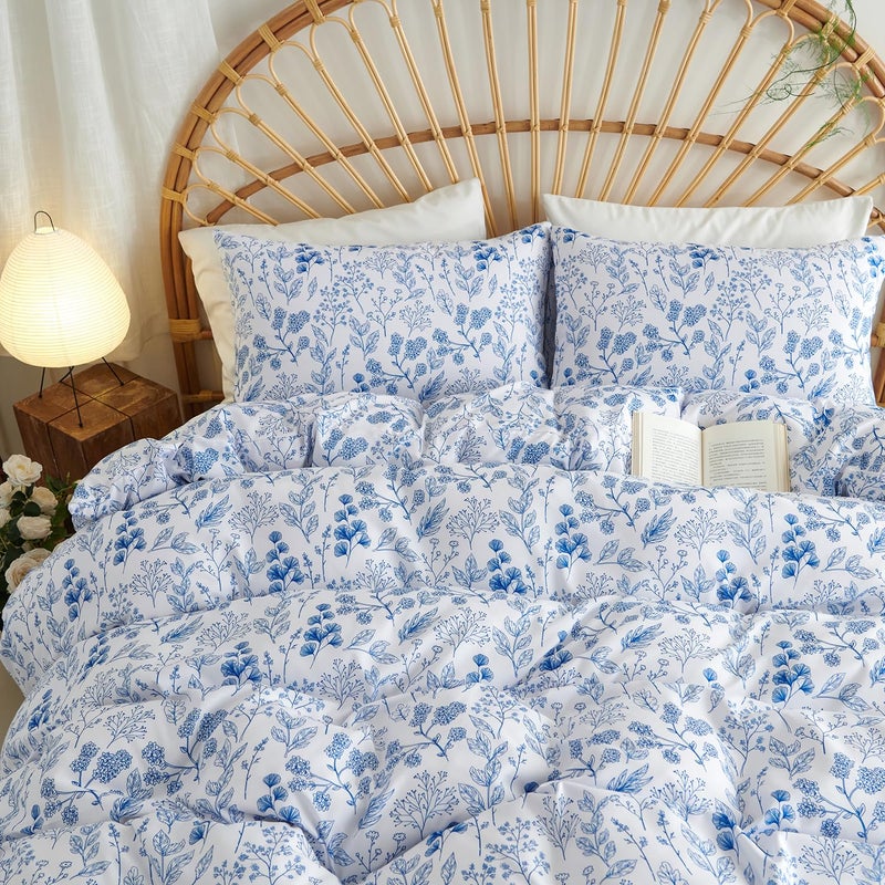 Nayoroom Blue Floral Duvet Cover Queen Size Cottagecore Botanical Flower Spring Comforter Cover 3 Pcs Soft Breathable Microfiber Pastoral Aesthetic Bedding Set Gift for Women - Image 4