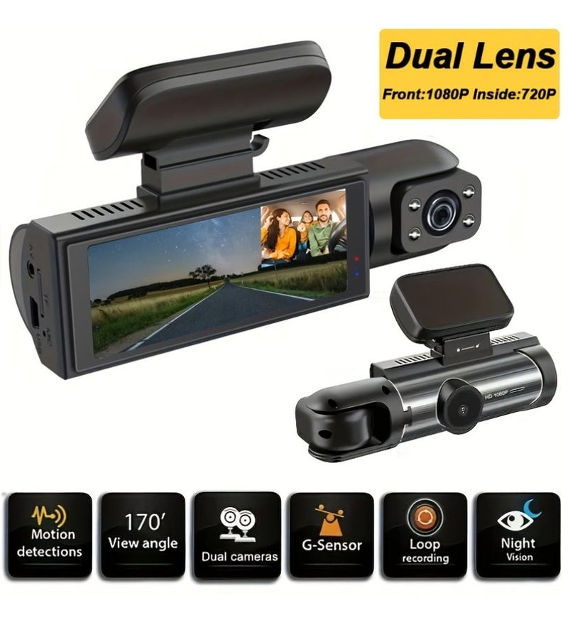 Model D50 3.16 Inch Dual Dash Cam With Infrared Night Vision Dual Channel 1080P Front And 720P Inside Wide Angle Recording 24 Hour Motion Sensor Parking Mode Loop Recording IPS Screen And Parking Surveillance - Image 1