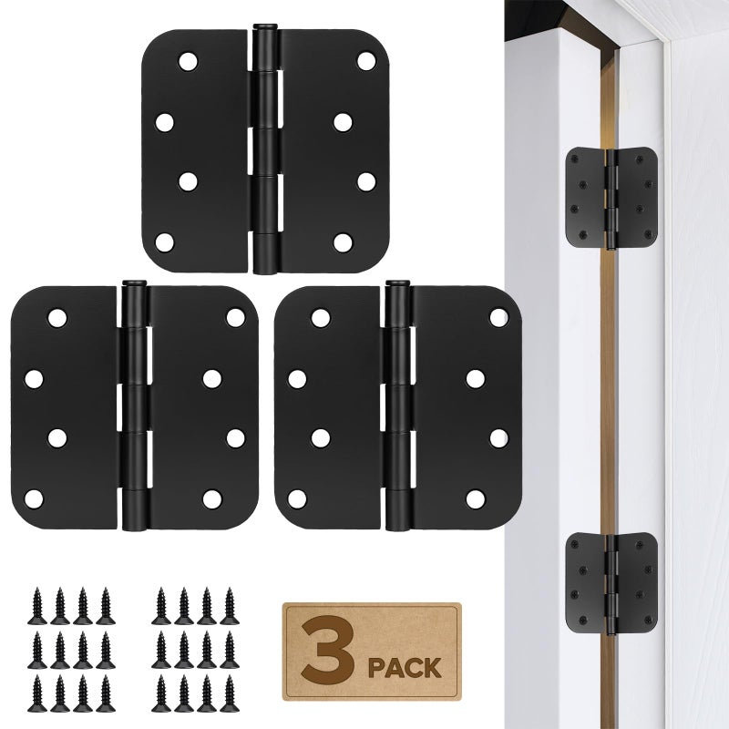 Donext مجموعة دونيكست من 3 مفصلات أبواب شديدة التحمل مقاس 4 بوصات، دائرية، سوداء غير لامعة - مفصلات متينة بزوايا نصف قطرها 5/8 بوصة - Image 1