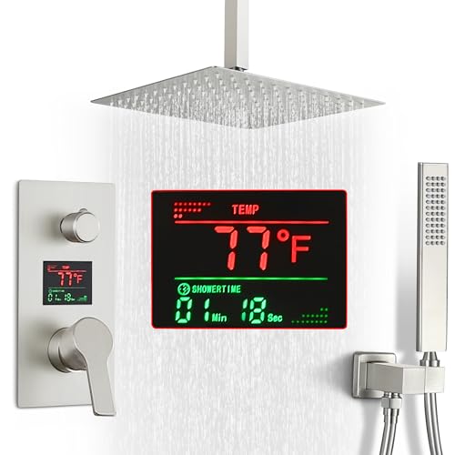 SKOWLL SKWOLL Shower Faucet Set with Hydro Power Temperature Display Brushed Nickel 12 Inch Rain Shower Head with Handheld, Ceiling Mounted Shower System Digital Display Shower Valve Kit Included - Image 1
