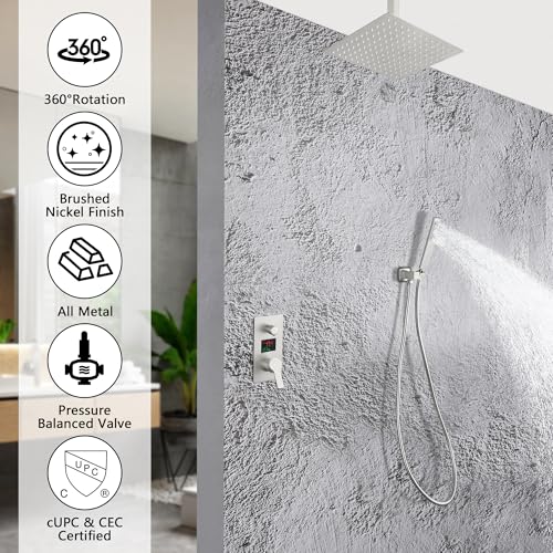 SKOWLL SKWOLL Shower Faucet Set with Hydro Power Temperature Display Brushed Nickel 12 Inch Rain Shower Head with Handheld, Ceiling Mounted Shower System Digital Display Shower Valve Kit Included - Image 2