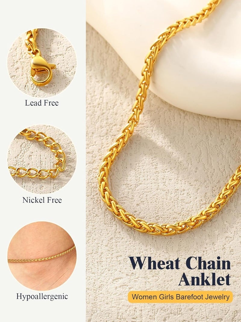 U7 Women Girls Barefoot Jewelry 18K Gold or Rose Gold Stainless Steel Heart/Rope/Figaro/Cuban Chain Anklet Foot Bracelet, 25-30 CM Long - Image 5