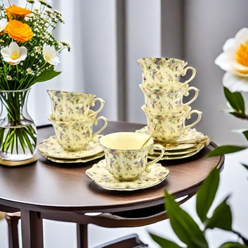 TATSUMI Country Roses Bone China Tea Cup and Saucer Set, 3 Pieces, Vintage Style, For Women and Tea Parties(yellow,1 Set) - Image 4