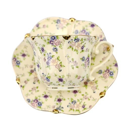 TATSUMI Country Roses Bone China Tea Cup and Saucer Set, 3 Pieces, Vintage Style, For Women and Tea Parties(yellow,1 Set) - Image 2
