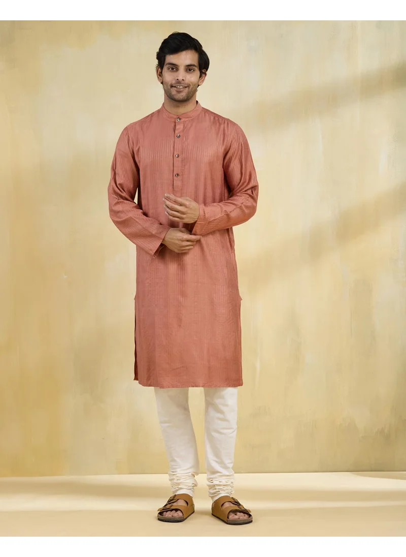 Fabindia Orange Viscose Blend Striped Slim Fit Long Kurta