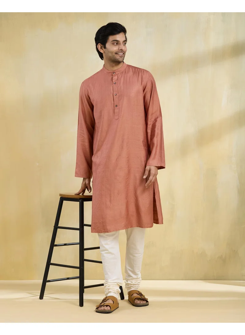 فاب انديا Orange Viscose Blend Striped Slim Fit Long Kurta