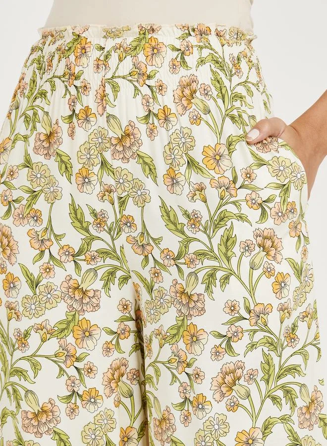Take Two All Over Print Smocking Waistband Straight Leg Pants