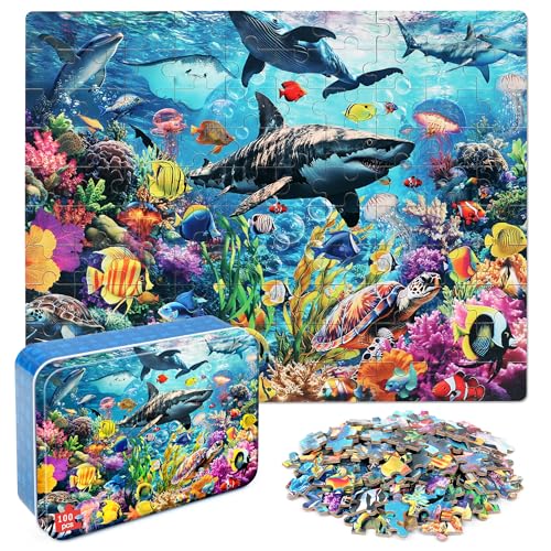 LELEMON Puzzles for Kids Ages 46Underwater World 100 Piece Puzzles for Kids in a Metal Box Educational Jigsaw Puzzles 100 Piece Puzzle Games Puzzle Toys for Girls and Boys - Image 1