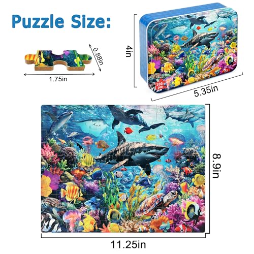 LELEMON Puzzles for Kids Ages 46Underwater World 100 Piece Puzzles for Kids in a Metal Box Educational Jigsaw Puzzles 100 Piece Puzzle Games Puzzle Toys for Girls and Boys - Image 5