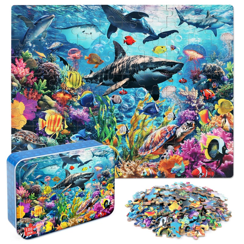 LELEMON Puzzles for Kids Ages 46Underwater World 100 Piece Puzzles for Kids in a Metal Box Educational Jigsaw Puzzles 100 Piece Puzzle Games Puzzle Toys for Girls and Boys - Image 3