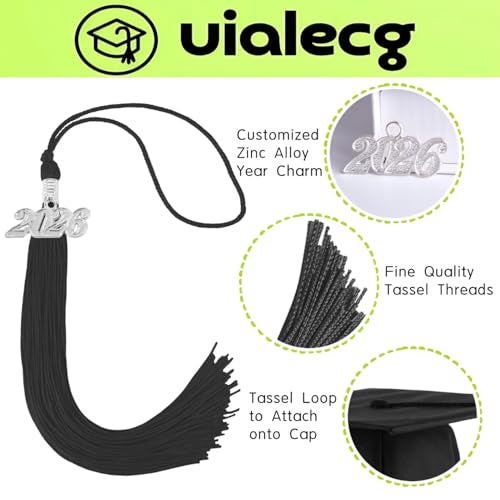 UIALECG Graduation Tassel 2026 for Grad Cap,Black Tassel with Silver Charm - Image 2
