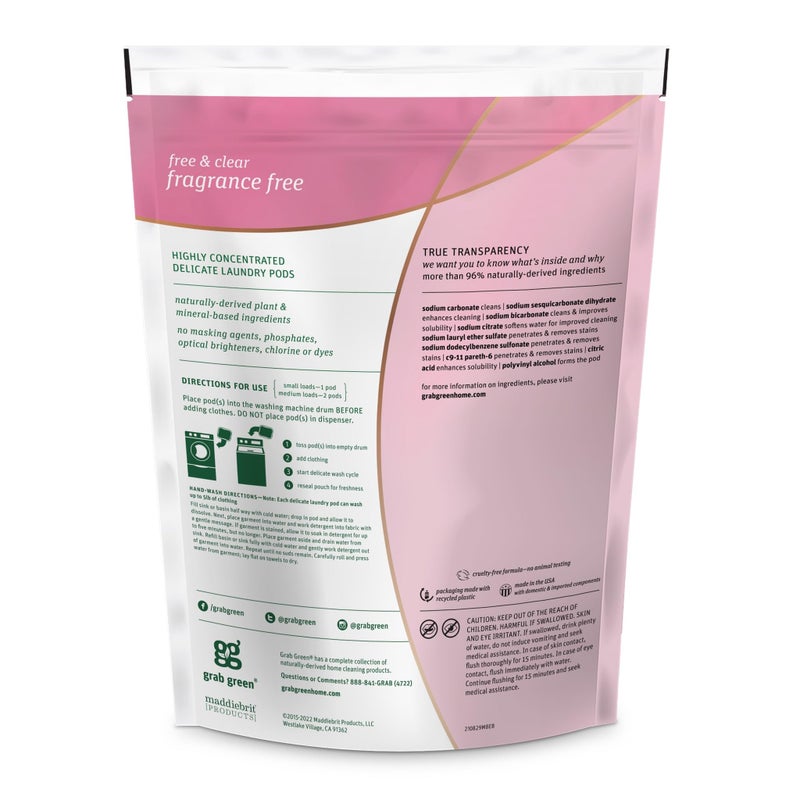 Grab Green Delicate Laundry Detergent Pods, 24 Count, Fragrance Free, Plant and Mineral Based, Superior Cleaning Power, Stain Remover, Brightens Clothes - Image 2