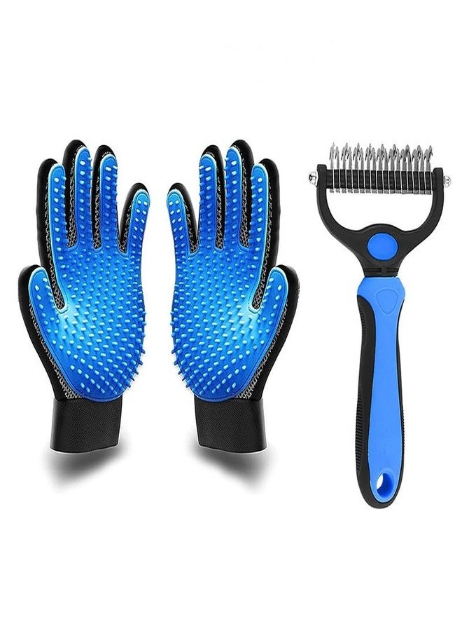 قفاز للعناية بالحيوانات الأليفة وفرشاة لإزالة الشعر الزائد للكلاب والقطط - قفاز للتحكم في تساقط الشعر، قفاز لإزالة الفراء والشعر، أداة لطيفة للعناية والتدليك - مقاس واحد يناسب الجميع، أزرق - Image 2