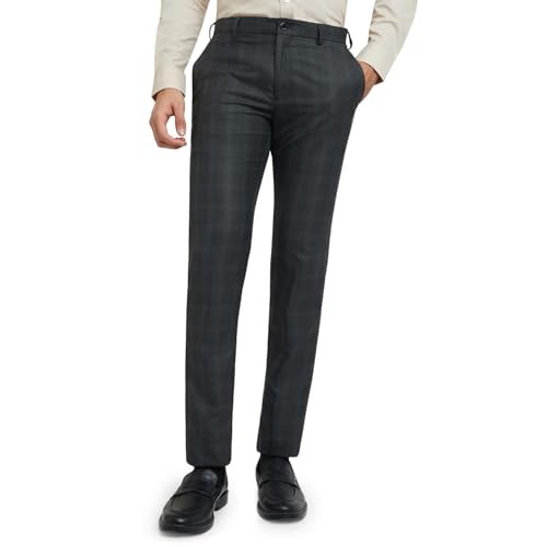 Raymond Men's Slim Fit Formal Trousers, Poly Viscose Blend, Checked Pattern, Flat Front | Dark Grey - Image 1