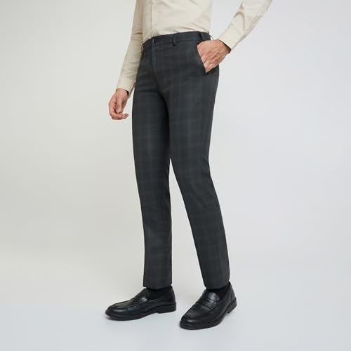 Raymond Men's Slim Fit Formal Trousers, Poly Viscose Blend, Checked Pattern, Flat Front | Dark Grey - Image 3
