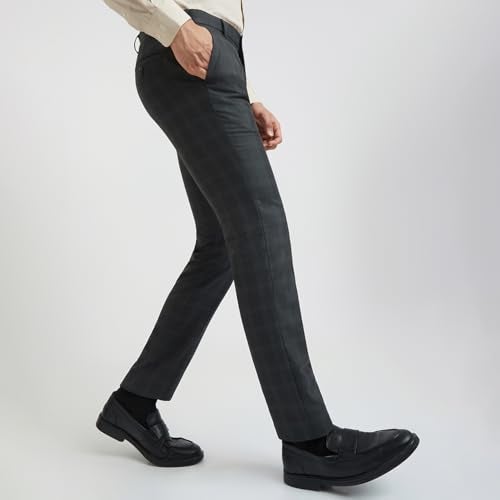 Raymond Men's Slim Fit Formal Trousers, Poly Viscose Blend, Checked Pattern, Flat Front | Dark Grey - Image 2