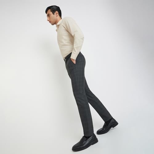 Raymond Men's Slim Fit Formal Trousers, Poly Viscose Blend, Checked Pattern, Flat Front | Dark Grey - Image 5