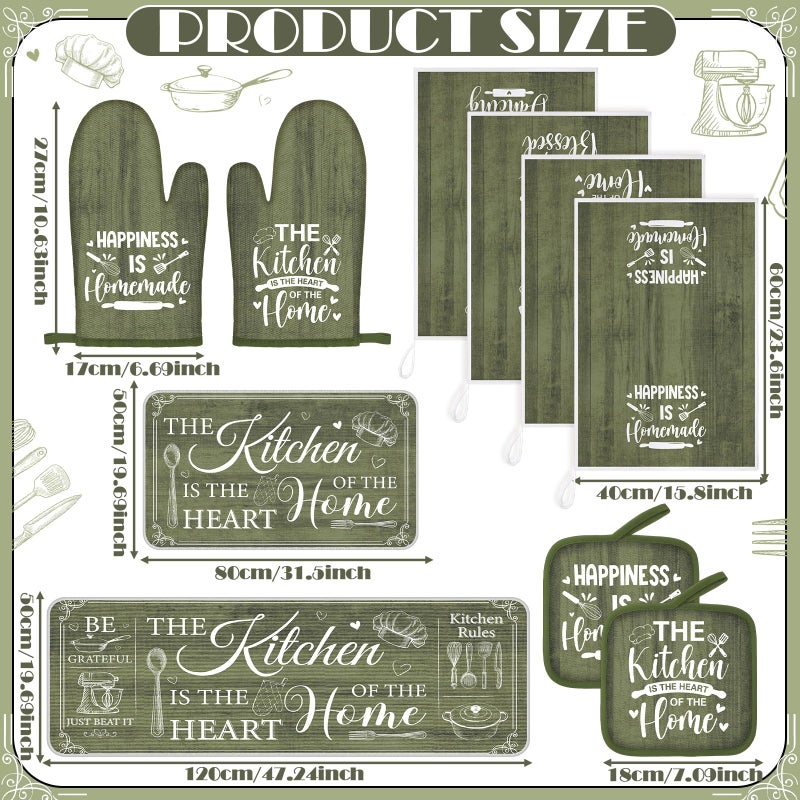 Fourluoo 10 Pcs Farmhouse Kitchen Decor and Accessories Set 4 Kitchen Towels 2 Pot Holders 2 Oven Mitts 2 Rugs for Cooking Baking Mom Housewarming Gifts(Sage Green,Classic Style) - Image 3