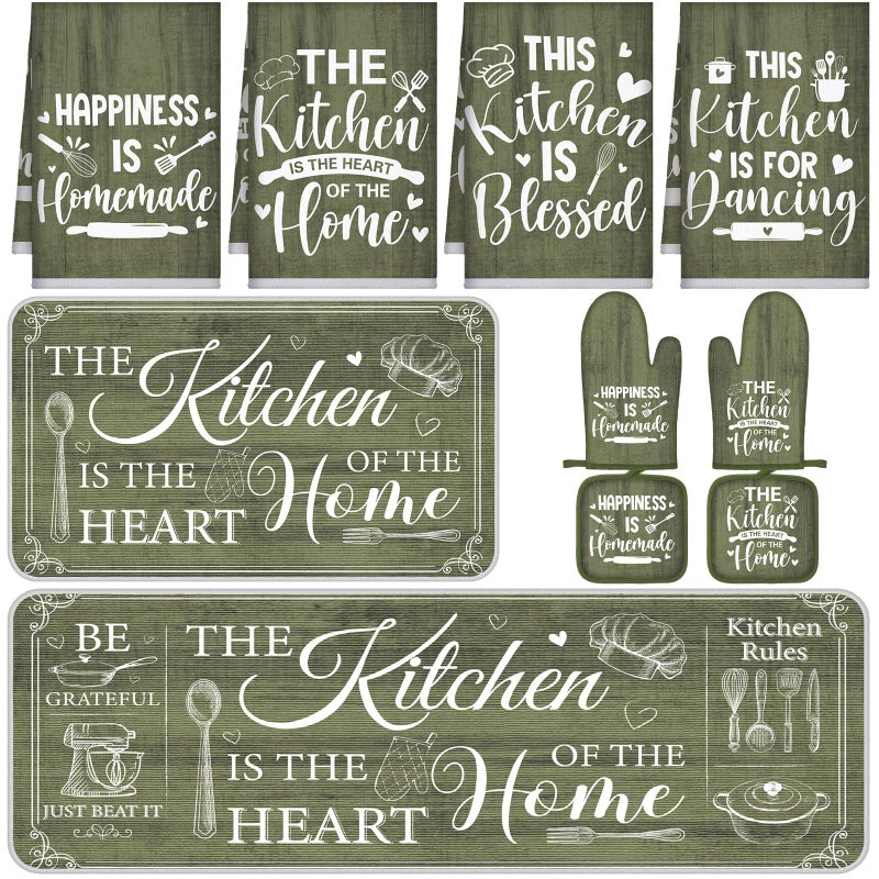 Fourluoo 10 Pcs Farmhouse Kitchen Decor and Accessories Set 4 Kitchen Towels 2 Pot Holders 2 Oven Mitts 2 Rugs for Cooking Baking Mom Housewarming Gifts(Sage Green,Classic Style) - Image 1