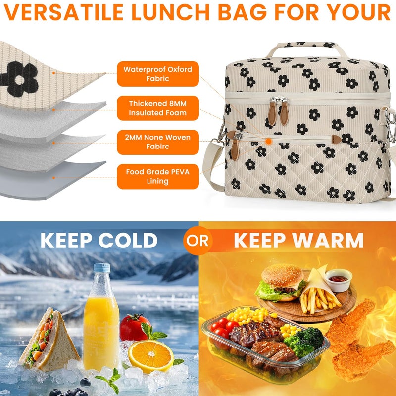 Tenot Insulated Lunch Box for Women Reusable, Leak Proof Cooler Lunch Bag Women for Work Stylish Quilted Lunch Tote Bag for Adult Picnic Travel Hiking Corduroy Black Flower - Image 3