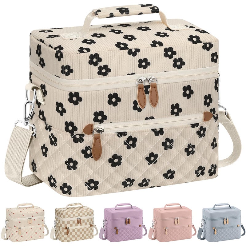 Tenot Insulated Lunch Box for Women Reusable, Leak Proof Cooler Lunch Bag Women for Work Stylish Quilted Lunch Tote Bag for Adult Picnic Travel Hiking Corduroy Black Flower - Image 1