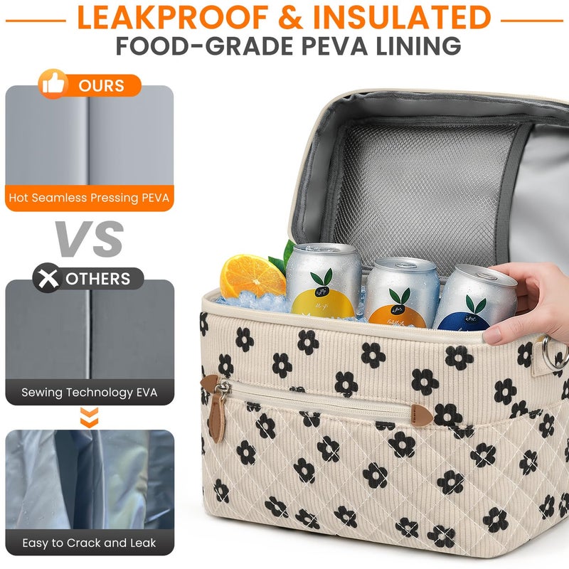 Tenot Insulated Lunch Box for Women Reusable, Leak Proof Cooler Lunch Bag Women for Work Stylish Quilted Lunch Tote Bag for Adult Picnic Travel Hiking Corduroy Black Flower - Image 5