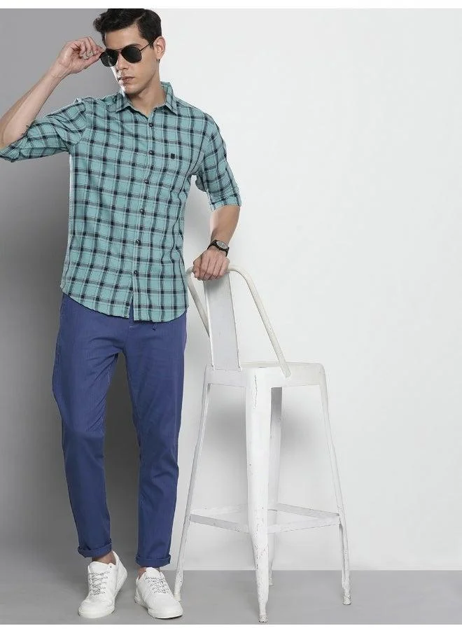 The Indian Garage Co Blue Indigo Men Slim Fit Casual Solid Regular Linen Trousers