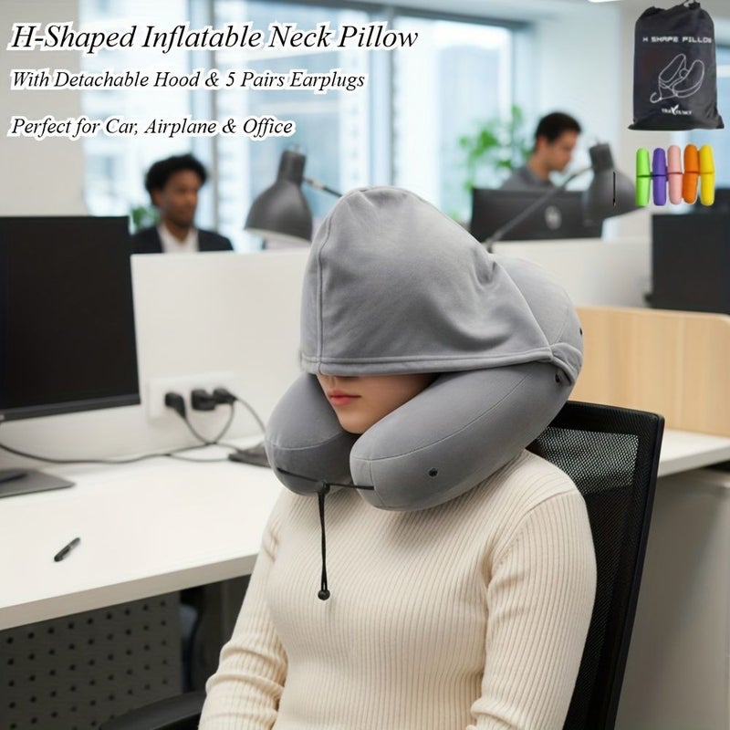 Gray H Shaped Inflatable Neck Pillow With Hood And Earplugs For Travel Airplane Camping - Image 1