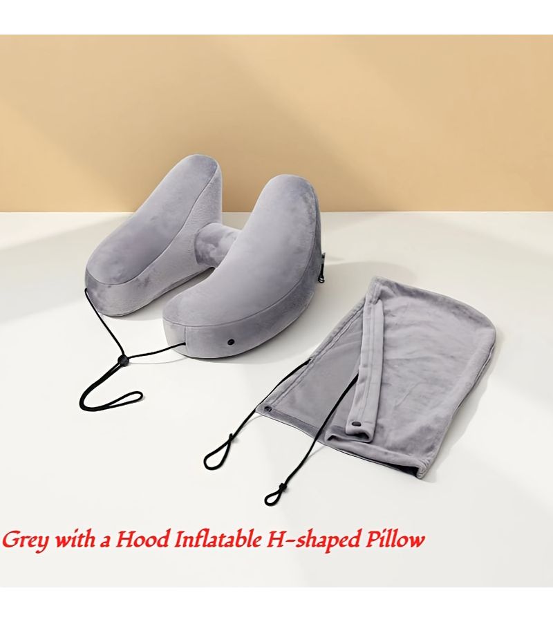 Gray H Shaped Inflatable Neck Pillow With Hood And Earplugs For Travel Airplane Camping - Image 3