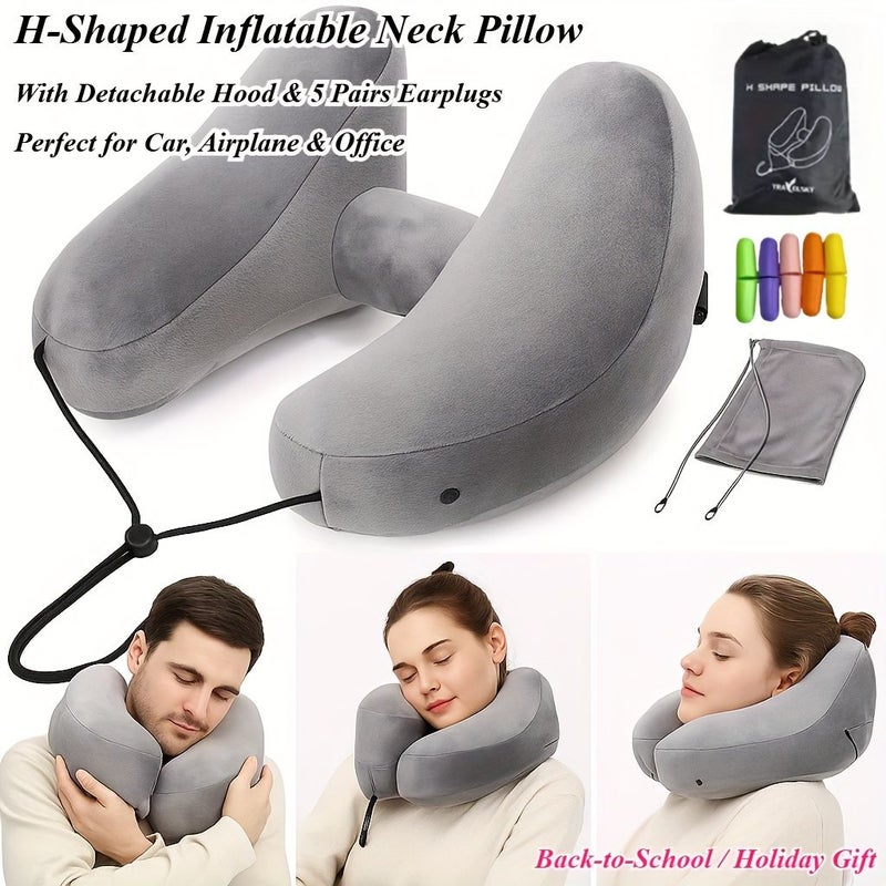 Gray H Shaped Inflatable Neck Pillow With Hood And Earplugs For Travel Airplane Camping - Image 2