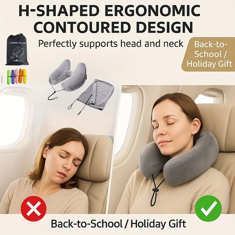 Gray H Shaped Inflatable Neck Pillow With Hood And Earplugs For Travel Airplane Camping - Image 4