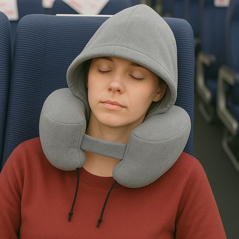 Gray H Shaped Inflatable Neck Pillow With Hood And Earplugs For Travel Airplane Camping - Image 5