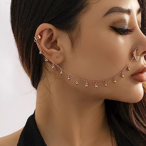 WZNBBOY Punk Pearl Tassel Beaded Nose Ring with Chain to Ear Cuff Non Piercing Nose Hoop Chain Nose to Ear Chain Fake Septum Ring Nose Hoop Ring Dangle Chain for Women - Image 3