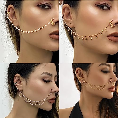 WZNBBOY Punk Pearl Tassel Beaded Nose Ring with Chain to Ear Cuff Non Piercing Nose Hoop Chain Nose to Ear Chain Fake Septum Ring Nose Hoop Ring Dangle Chain for Women - Image 2