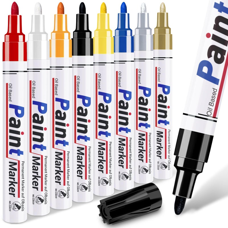 DAPAWIN Oil Based Paint Markers for Metal: 8 Colors Oil Based Permanent Paint Pens for Metal, Wood, Rock, Fabric, Canvas, Glass, Plastic - Medium Tip Quick-Dry, Waterproof, Art & Craft Pen - Image 1