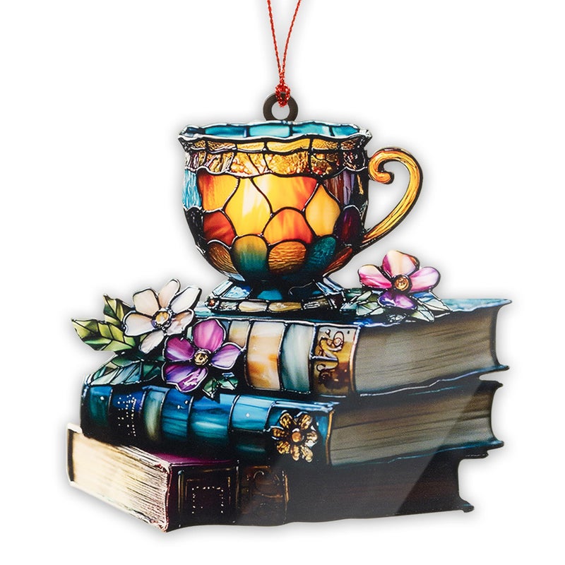 MAILAMCRAFT Book Ornament, Tea Books Floral Acrylic Suncatcher, Book Lover Gifts for Women, Christmas Ornaments for Tree, Gift for Readers Friends Coworker, Hanging Literary Decor, Holiday Ornaments - Image 1